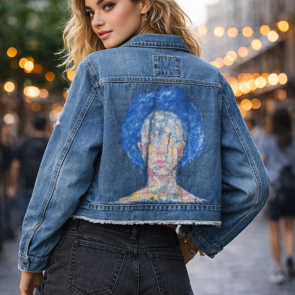 Abstract Portrait Art Denim Jacket | Indie Grunge Festival Jean Jacket - Picture 1 of 12